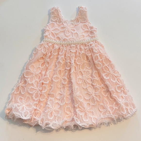American Princess Pink Floral Pearl Rhinestone Waist Sleeveless Dress 4 Kids - Picture 3 of 14